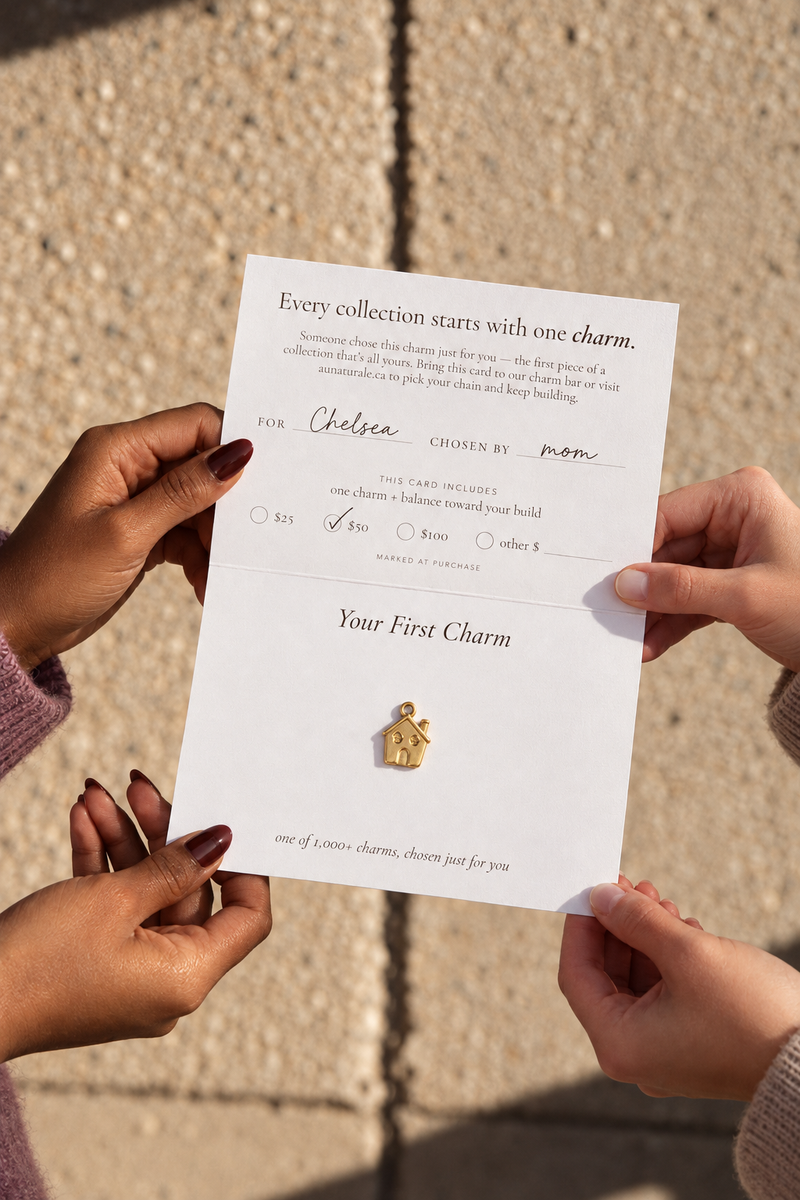Charmed by AU gift card opened to show the first charm — a gold house charm with the recipient and giver's names filled in